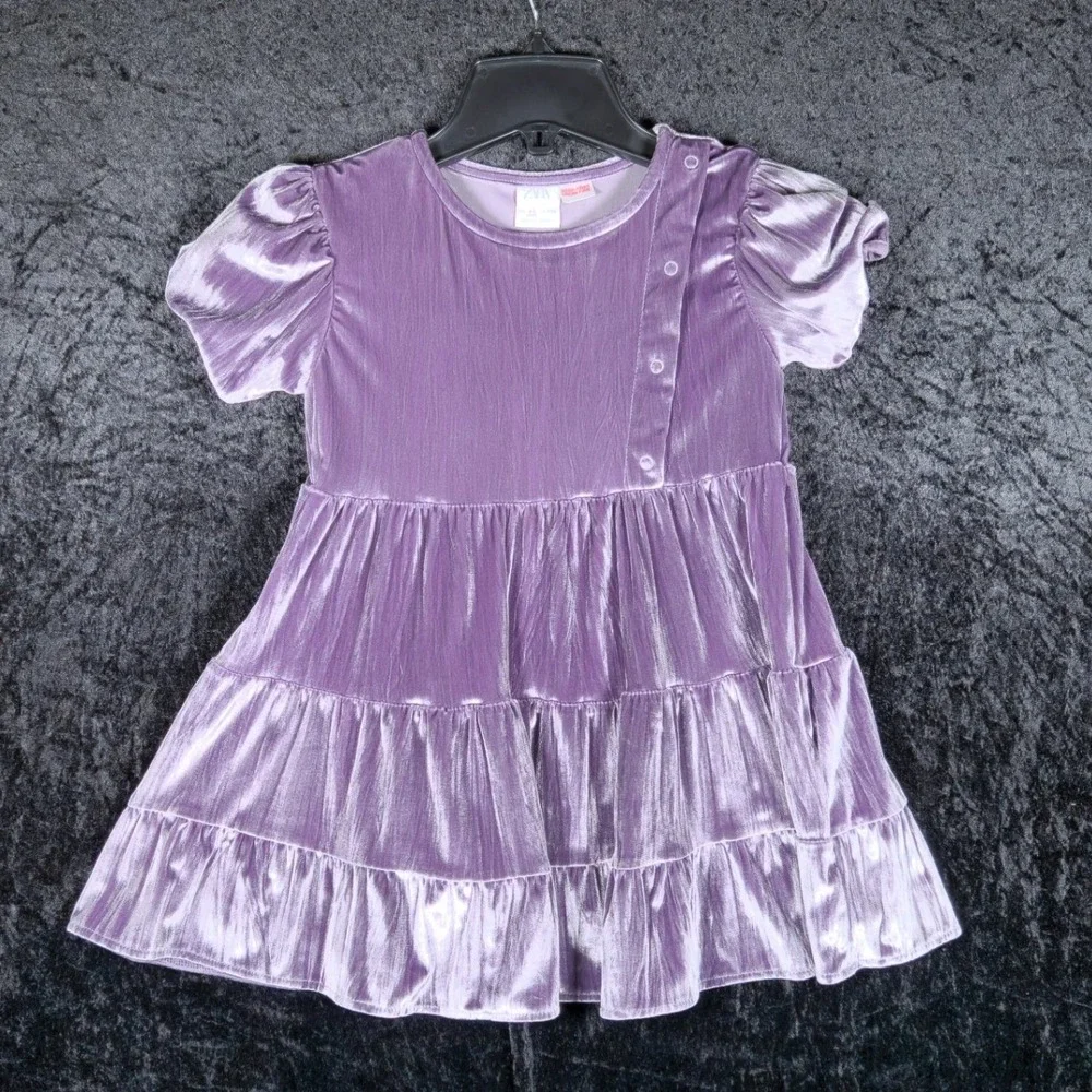 Zara Kids Girls Purple Crushed Velvet Tiered Dress Short Puff Sleeve Size 4-5